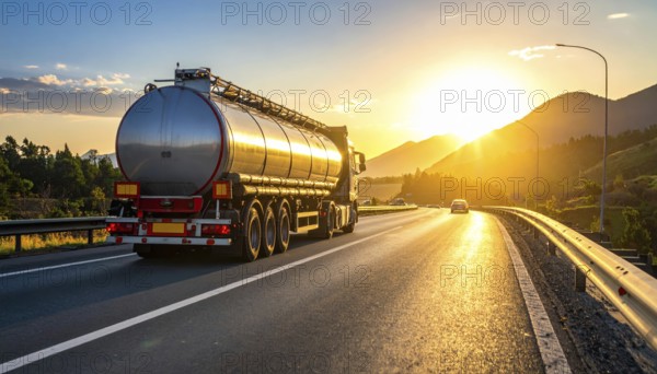 Petrol cargo truck lorry tanker driving on highway hauling oil products at sunrise, wide hilly landscape, AI generated