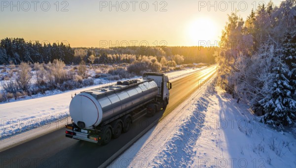 Petrol cargo truck lorry tanker driving on highway hauling oil products at sunrise, wide snowy landscape in winter, AI generated