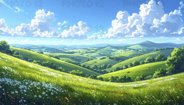 Fresh summer hilly Landscape with blooming Meadow, green plants, Blue Sky with cloudy sky, serene nature background, abstract vector illustration, AI generated