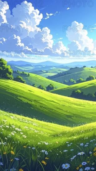 Fresh summer hilly Landscape with blooming Meadow, green plants, Blue Sky with cloudy sky, serene nature background, abstract vector illustration, AI generated