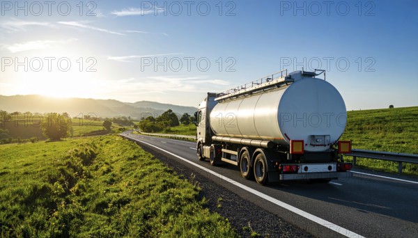 Petrol cargo truck lorry tanker driving on highway hauling oil products at sunrise, wide hilly landscape, AI generated