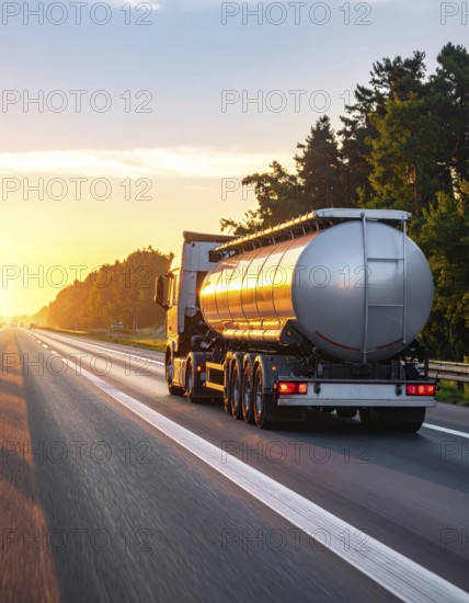 Petrol cargo truck lorry tanker driving on highway hauling oil products at sunrise, wide hilly landscape, AI generated