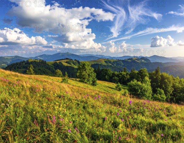 Fresh summer hilly Landscape with blooming Meadow, green plants, Blue Sky with cloudy sky, serene nature background, AI generated