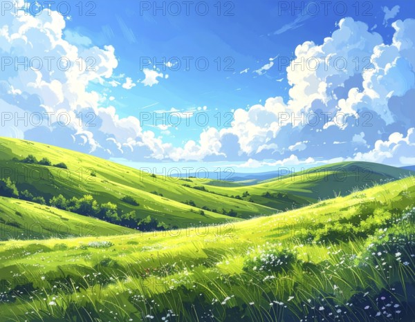 Fresh summer hilly Landscape with blooming Meadow, green plants, Blue Sky with cloudy sky, serene nature background, abstract vector illustration, AI generated