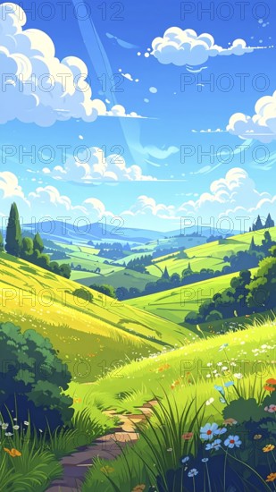 Fresh summer hilly Landscape with blooming Meadow, green plants, Blue Sky with cloudy sky, serene nature background, abstract vector illustration, AI generated