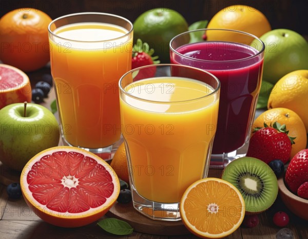 Fresh fruit juices in glasses, surrounded by colorful fruits, showcasing healthy drinking and eating, fitness and wellness lifestyle, AI generated