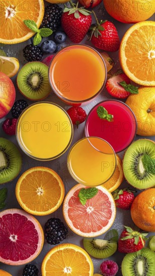 Fresh fruit juices in glasses, surrounded by colorful fruits, showcasing healthy drinking and eating, fitness and wellness lifestyle, AI generated