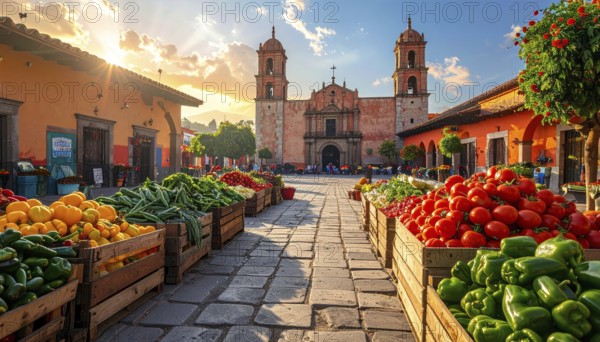 Traditional Mexican plaza with crates of peppers, onions, and tomatoes, economic prosperity in local trade, travel destination in America, AI generated
