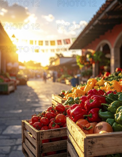 Traditional Mexican plaza with crates of peppers, onions, and tomatoes, economic prosperity in local trade, travel destination in America, AI generated