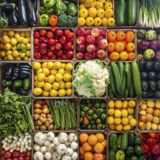 Fresh fruits and vegetables in a market display, aerial view perpendicular top down, healthy eating and lifestyle, AI generated