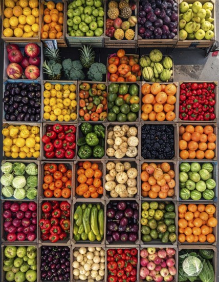 Fresh fruits and vegetables in a market display, aerial view perpendicular top down, healthy eating and lifestyle, AI generated