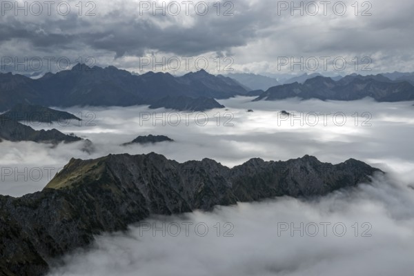View from the Nebelhorn summit to mountains of the Allgäu Alps, mountains rising from fog in the valley, Oberstdorf, Oberallgäu, Allgäu, Bavaria, Germany
