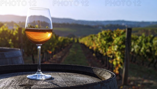 A glass of 10-year-old tawny wine placed on a barrel in a vineyard restaurant, vineyard landscape in blurred background, AI generated