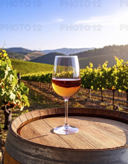 A glass of 10-year-old tawny wine placed on a barrel in a vineyard restaurant, vineyard landscape in blurred background, AI generated