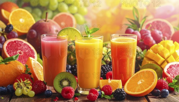 Fresh fruit juices in glasses, surrounded by colorful fruits, showcasing healthy drinking and eating, fitness and wellness lifestyle, AI generated