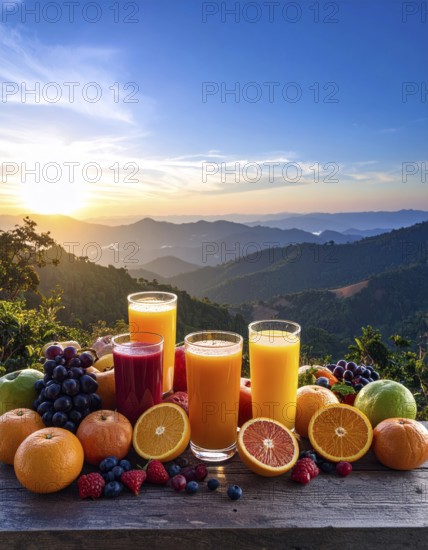 Fresh fruit juices in glasses, surrounded by colorful fruits, showcasing healthy drinking and eating, fitness and wellness lifestyle, AI generated
