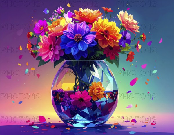 Crystal glass vase with vibrant blooming flowers, vibrant vector drawing illustration for fresh spring background, AI generated