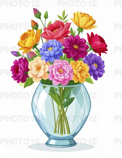 Crystal glass vase with vibrant blooming flowers, vibrant vector drawing illustration for fresh spring background, AI generated