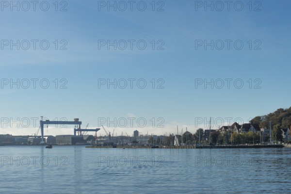 State capital Kiel, marina, shipyards, German Naval Yards, cranes, dry dock, Institute for World Economy, Kiel Fjord, Baltic Sea, Schleswig-Holstein, Germany