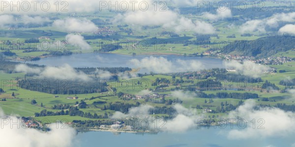 Panorama from Tegelberg, 1881m, of Hopfensee, in front of Lake Forggensee, Ostallgäu, Bavaria, Germany