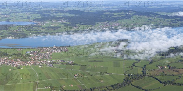 Panorama from Tegelberg, 1881m, on Schwangau, Waltenhofen, Hopfensee and Forggensee, Ostallgäu, Bavaria, Germany