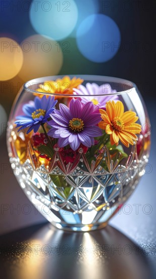 Crystal glass vase with vibrant blooming flowers, fresh spring and summer concept, AI generated