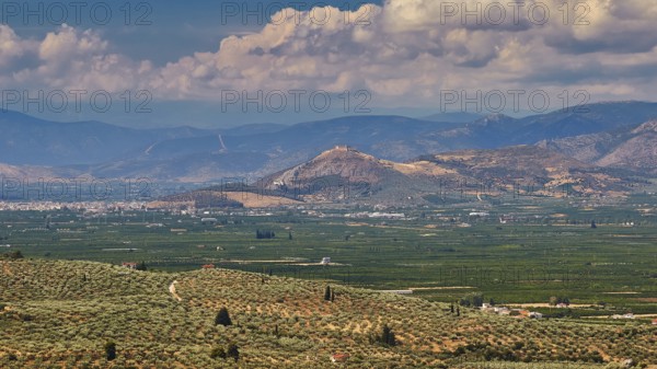 View of the plain, archaeological site, UNESCO World Heritage Site, Mycenae, Mycenae, important city in pre-classical times, Peloponnese, peninsula, Greece