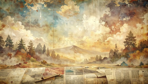 Grunge old public newspaper, texture background wallpaper illustration, vintage tattered yellow press news, AI generated