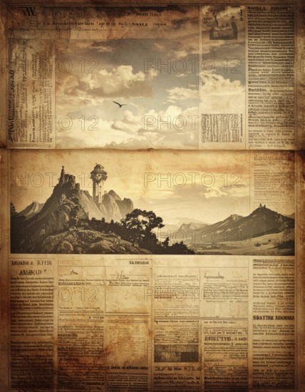 Grunge old public newspaper, texture background wallpaper illustration, vintage tattered yellow press news, AI generated