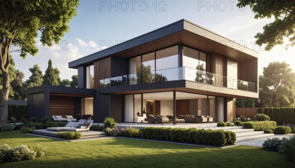Modern residential house with green garden, simple geometric architecture, clear blue sky in the evening sunset, symbol for a real estate lifestyle, AI generated
