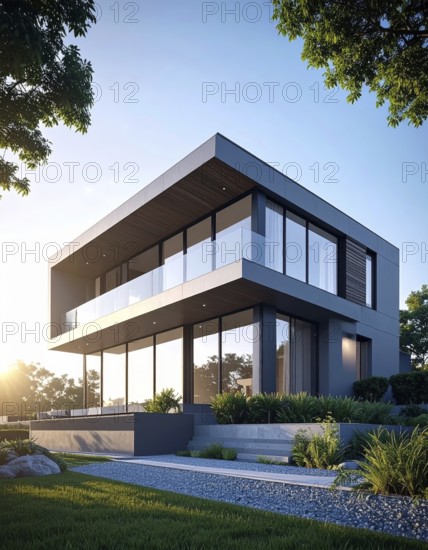 Modern residential house with green garden, simple geometric architecture, clear blue sky in the evening sunset, symbol for a real estate lifestyle, AI generated