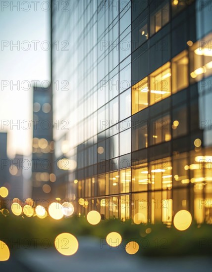 Modern building reflecting sunset light at dusk. Abstract Futuristic Business Background, AI generated