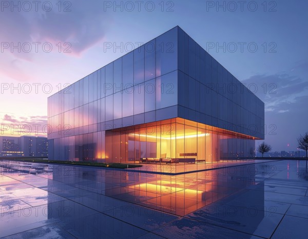 Modern building reflecting sunset light at dusk. Abstract Futuristic Business Background, AI generated
