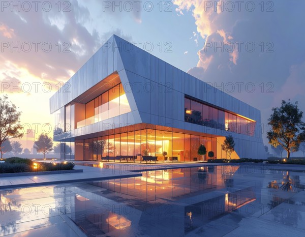 Modern building reflecting sunset light at dusk. Abstract Futuristic Business Background, AI generated