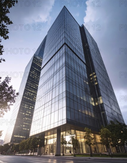 Modern building reflecting sunset light at dusk. Abstract Futuristic Business Background, AI generated