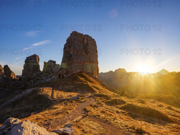 Five towers, Cinque Torri at sunrise, climbing rocks, Dolomites, Alps, Belluno province, Veneto region, Italy