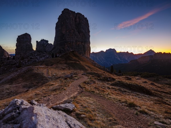 Five towers, Cinque Torri at dawn, climbing rocks, Dolomites, Alps, Belluno province, Veneto region, Italy