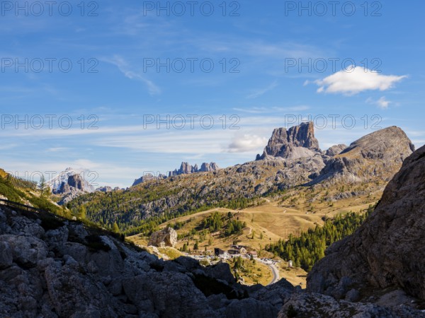 Alpine panorama over the Falzarego Pass, in the background Monte Antelao, Cima Ambrizzola and Averau, Dolomites, Alps, Belluno province, Veneto, Italy