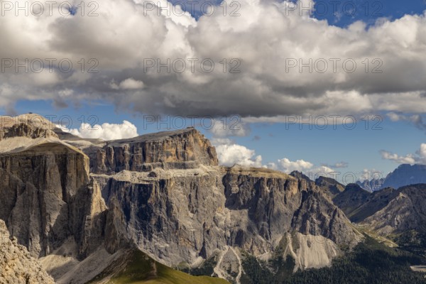 Pordoi peak with the 800-meter high west face, Piz Boe on the left, Civetta on the right, Dolomites, Trentino, South Tyrol, Italy
