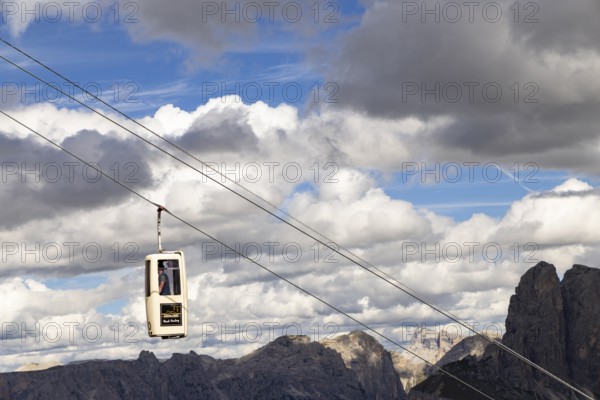 Cabin of the gondola lift to the Sassolungo Valley, Dolomites, Trentino, South Tyrol, Italy