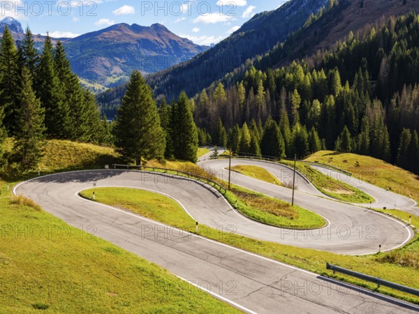 Pass road with many hairpin curves, Dolomite Road, Passo Pordoi, Dolomites, Alps, Belluno province, Veneto region, Italy