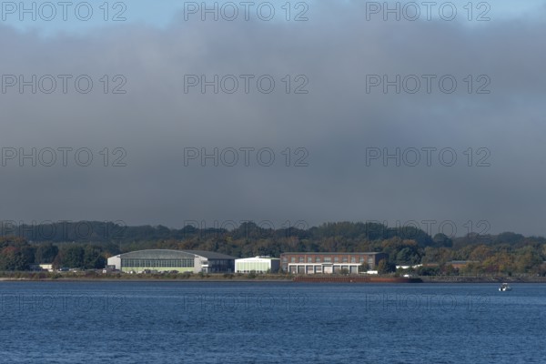 MFG 5 area on the fjord, Kiel Fjord, Holtenau district, Kiel, Baltic Sea, former naval aviation squadron, currently required location for the Federal Navy, hangar, Schleswig-Holstein, Germany
