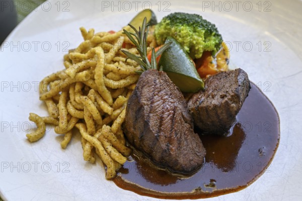 Springbok fillet with spaetzle in a restaurant, Windhoek, Khomas region, Namibia