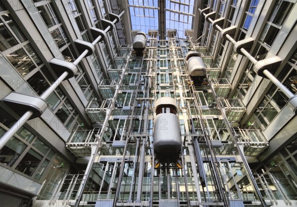 Atrium with three panoramic lifts, interior lift, Ludwig-Erhard-Haus, abbreviated LEH, Charlottenburg, City-West, Berlin, Germany