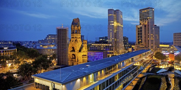 Bikini Berlin with Kaiser Wilhelm Memorial Church from an elevated position in the evening, Charlottenburg, Berlin, Germany