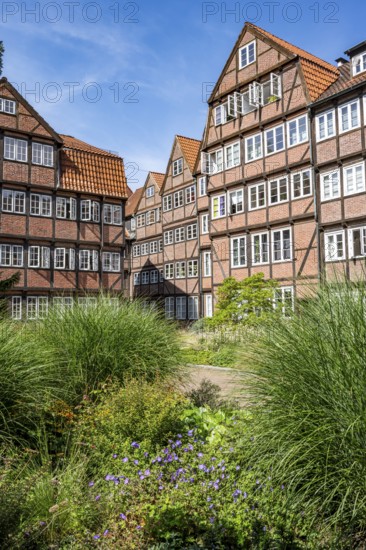 Facades of the historic brick buildings, inner courtyard, view over the city, Peterstraße, composers' quarter, Neustadt, Hamburg, Germany