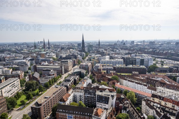City view, view over Hamburg city centre with church towers and town hall tower, from the tower of St. Michael's Church, Hamburg, Germany