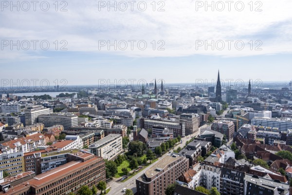 City view, view over the city with church towers and town hall tower, from the tower of St Michael's Church, Hamburg, Germany