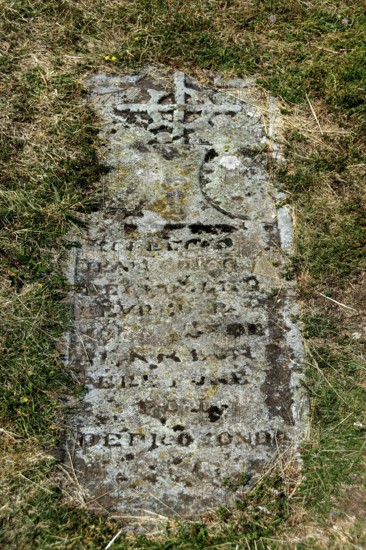 Auvergne Volcanoes Regional Natural Park, old cemetery tombstone at Pic Saint Pierre Saint Pierre Colamine, Puy de Dome, Auvergne, France