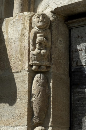 Porch sculptures of the romanesque church of Mailhat, Puy de Dome department, Auvergne-Rhone-Alpes, France
